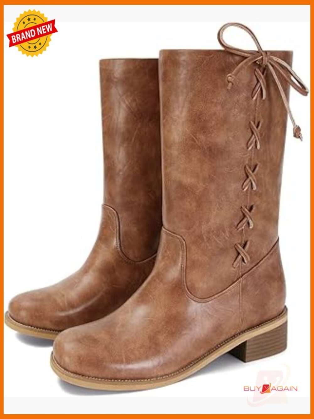 Wide Lace Up Chunky Low Heel Mid Calf Booties Round Toe Retro Fall Boots